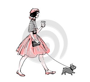 A girl in a skirt, beret and coffee walks with a French bulldog. Modern fashion sketch illustration in line and