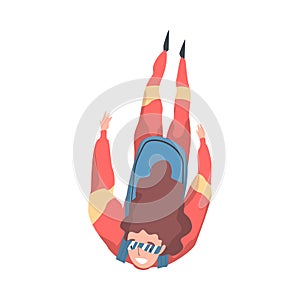 Girl Skydiver Doing Base Jump, Person Jumping with Parachute in Sky, Skydiving Parachuting Extreme Sport Cartoon Style