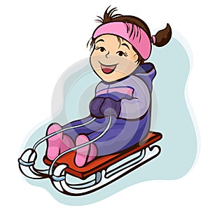 Girl sledding, cartoon character, outline hand drawing, winter kids fun. Cute happy child in purple-lilac jumpsuit joyful rides on