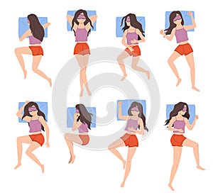 Girl sleep positions. Woman night relaxing in different poses top view, lady rests in bed, sleeping on side, back and