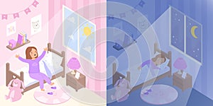 Girl sleep and wake up. Early morning and night dream. Little kid in bed, relax and healthy daily schedule. Cute cartoon