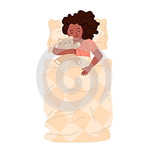 Girl sleeping in bed, top view. Sleepy cute little child lying on pink comfortable pillow to rest and sleep in bedtime