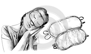 Girl in a sleeping man pose with tilted head and wearing a sleep mask and next two sleep masks
