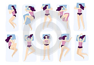 Girl sleeping poses. Various sleep pose with hand on pillow case. Sleep position isolated vector illustration