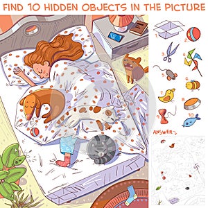 Girl sleeping with their pets in bed. Find hidden objects