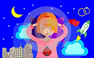 Girl sleeps in her bed and sees vivid dreams. Animation. Vector stock illustration.