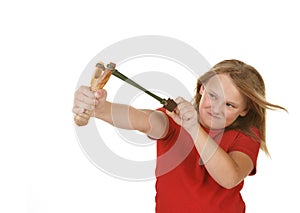 Girl with a slingshot on white