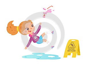 Girl slipping on clean slippery floor, little character stumbling, falling in public area