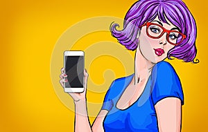 Girl with smart-phone in the hand in comic style. Girl with phone. Girl showing the mobile phone.Girl in glasses.