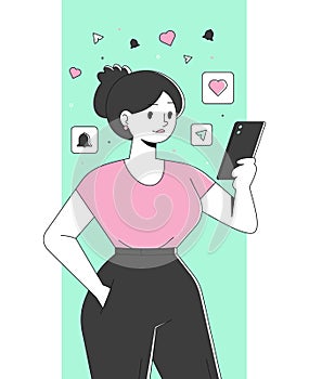 Girl with a smartphone lineart vector illustration