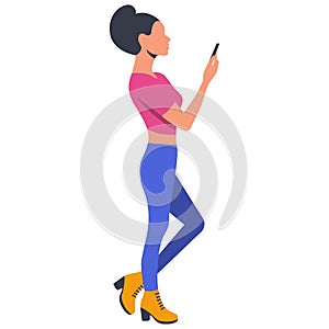 Girl with smartphone. Side view, full growth.