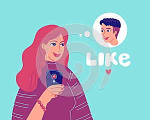 Girl with a smartphone thinks about a guy, like to put on social networks