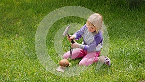 Girl smashes coconut with a heavy iron hammer sitting on the grass.