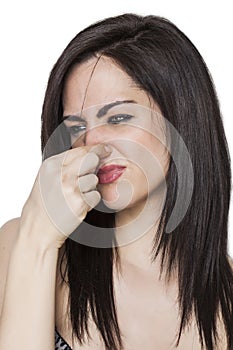 Girl smelling a bad odor profile