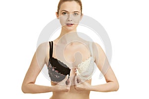 Girl of smooth body with brassiere dilemma.