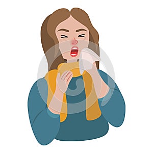 Girl sneezes into a scarf sick