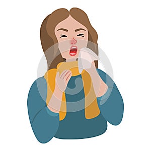 Girl sneezes into a scarf sick photo