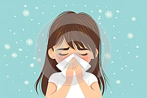 girl sneezing due to pollen allergy. person blowing nose with tissue.