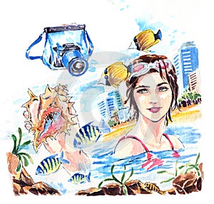 Girl and snorkel on the beach on vacation. Watercolor hand drawn