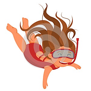 Girl in a snorkeling mask on a white background. Children's snorkeling. Funny cartoon character. Vector illustration of