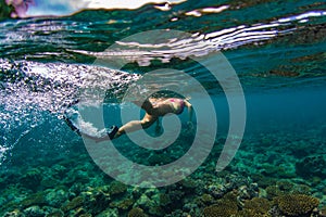 Girl snorkeling in ocean with turtles on blue water background