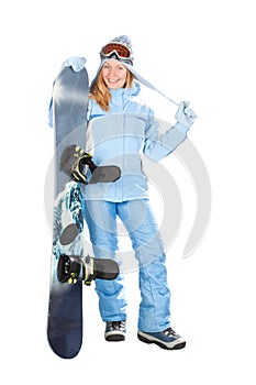 Girl with snowboard.