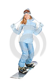 Girl with snowboard.