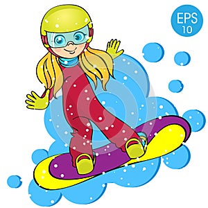 Girl on snowboard on white background. Kid on snowboard vector illustration.