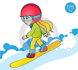 Girl on snowboard on white snow background. Kid on snowboard vector illustration.