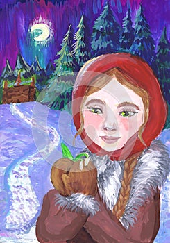 Girl with snowdrops in her hands. Illustration for the fairy tale by S. Marshak `Twelve months`. Children`s drawing.