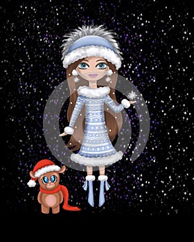 Girl with snowflake.Female character in christmas costume with a small deer near.