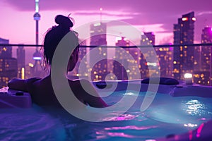 Girl soaking in a hot tub, with a view of the city skyline