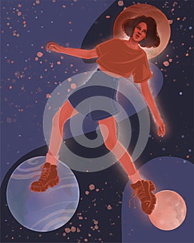 girl soars between planets in zero gravity