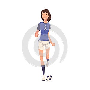 Girl Soccer Player Character, Young Woman in Sports Uniform Playing with Ball Vector Illustration
