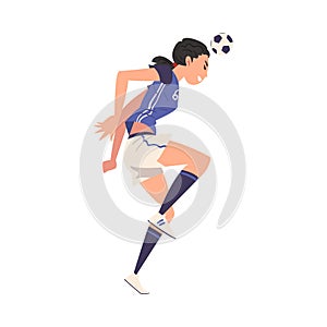 Girl Soccer Player Character, Young Woman in Sports Uniform Playing Football, Female Athlete Heading the Ball Vector