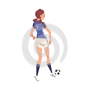 Girl Soccer Player Character, Young Woman in Sports Uniform Playing Football, Female Athlete, View From Behind Vector