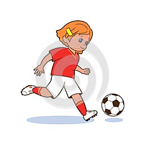 Girl soccer player kicking a soccer ball. Isolated vector illustration in cartoon