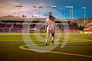 The girl soccer player is preparing to hit the ball on the football field. Generative AI