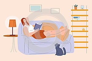 Girl on sofa reading book. Woman rest home at evening with cat. Weekend relax, student learning notebook, cozy vector