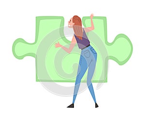 Girl Solving Jigsaw Puzzle, Back View of Person Trying to Connect Big Green Puzzle Element Cartoon Style Vector