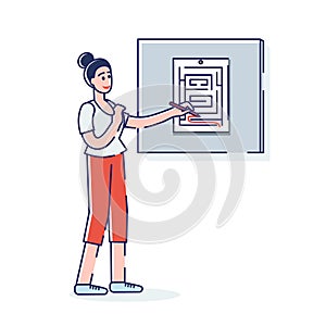 Girl solving maze game looking for way out of printed labyrinth trying to solve task