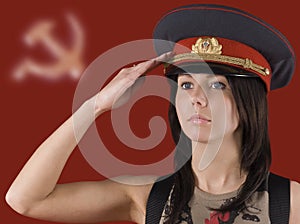 The girl on the Soviet symbols background