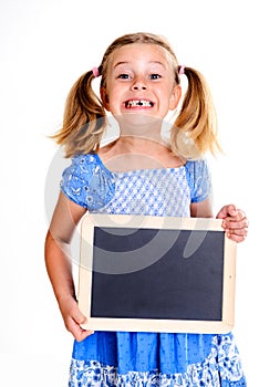 Girl with space width showing a little blackboard