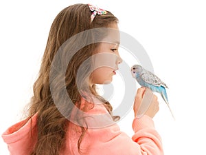 Girl speaking to tame pet bird budgerigar