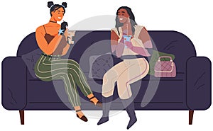 Girl speaks with friend. Female characters sit on sofa, drink cocktail colourful scene in club party