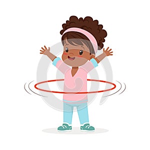 Girl spining a hula hoop around the waist, kid doing sports colorful character vector Illustration