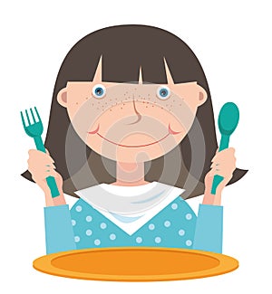 Girl with a spoon and fork in her hands in front of an empty plate waiting for food.