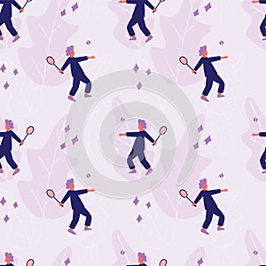 Girl in sport clothes with tennis racket playing tennis vector flat seamless pattern. Tennis club background design. Sport, active