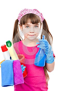 Girl with spray and bucket in hands ready to help with cleaning.