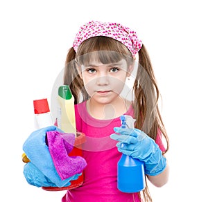 Girl with spray and bucket in hands ready to help with cleaning. isolated on white